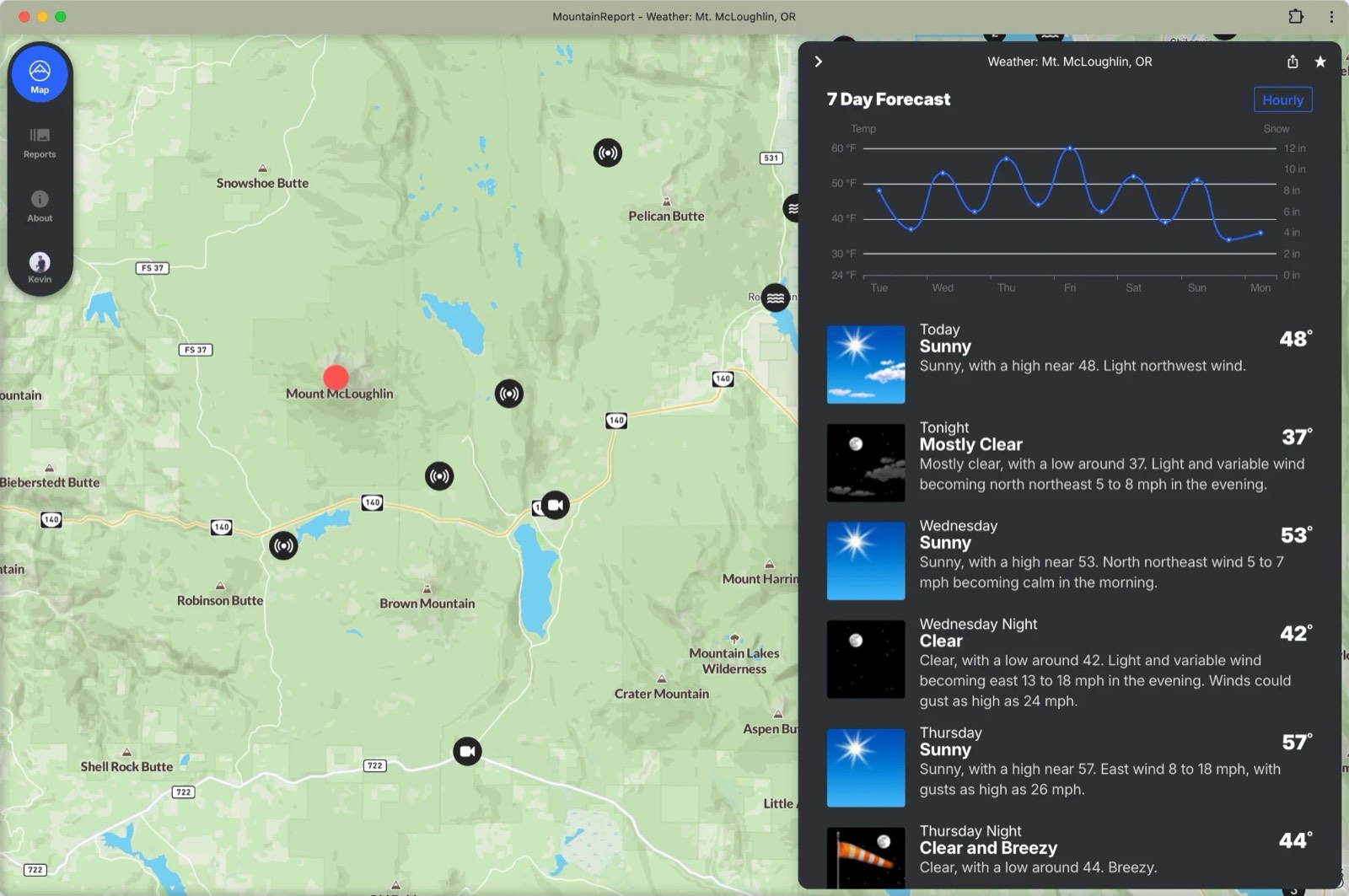 Mountain Report map around Mt. McLoughlin with a 7-day forecast panel