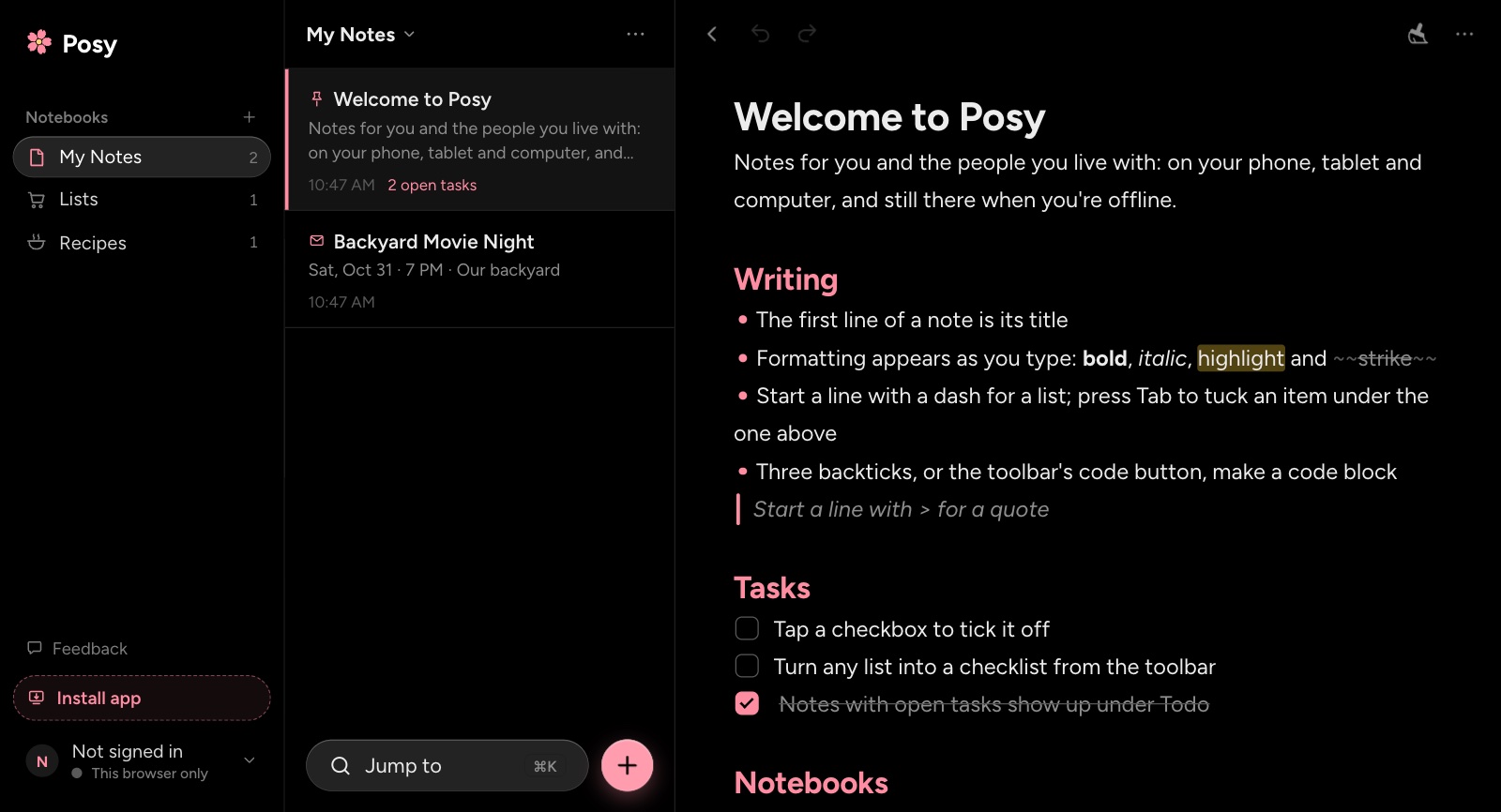 Posy showing its notebooks, note list and the Welcome to Posy note